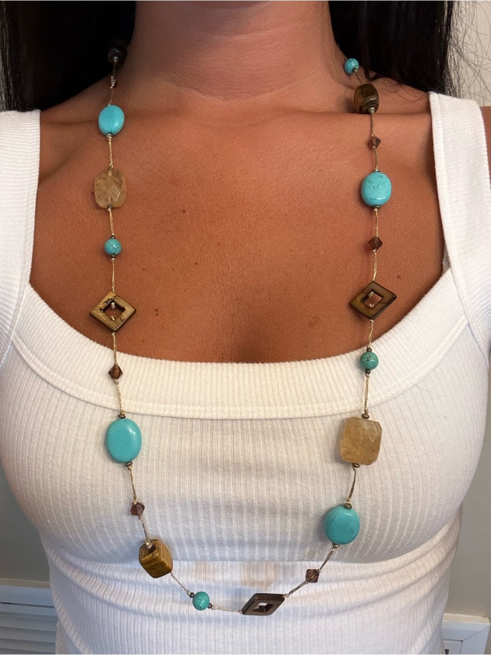 Premier Designs “Promenade” Turquoise & Tigers Eye Beaded Long Necklace